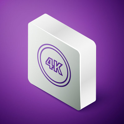 等距线4k超高清图标孤立在紫色背景。银广场按钮。矢量图