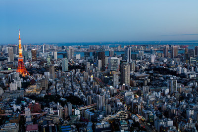 东京地区密集的建筑夜景和东京塔