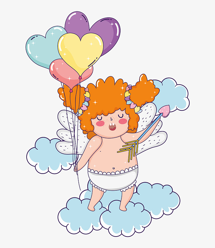 cupid with arrow and hearts balloons in the clouds