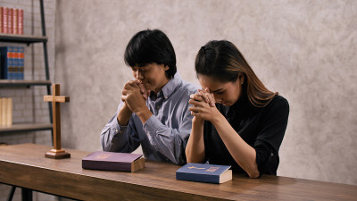 一对年轻的亚洲基督徒夫妇在教堂里向耶稣基督祈祷。