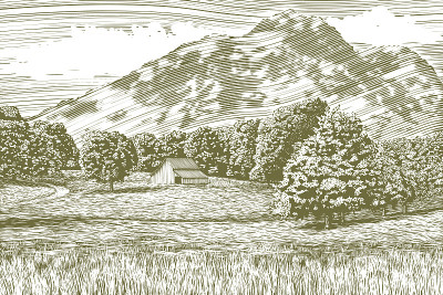 木刻谷仓和山地景观