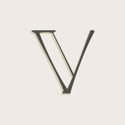 优雅的V字母衬线字体标识。带有阴影线的经典细笔字母。