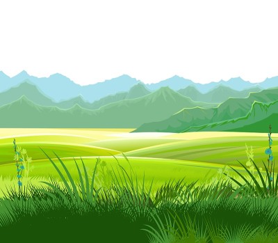 山和草地。收割牧草的牧场。农业用地。绿色的草。远处的群山。美丽的乡村风景。孤立的白色背景。向量
