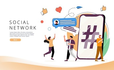 社交网络登陆页与人物。在线消息服务网站横幅。移动聊天应用程序。