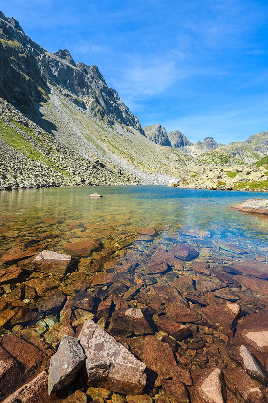 石头在水晶清澈的水的高山湖泊在夏季景观斯塔列斯纳山谷，高塔特拉山，斯洛伐克