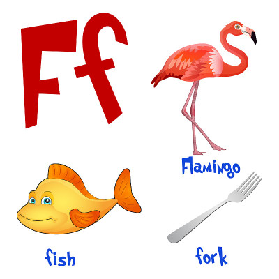 向量可爱的孩子卡通字母。字母F与火烈鸟，鱼和叉。平的风格。矢量插图。