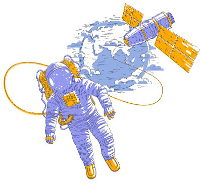 宇航员进入了开放的太空，在背景中与空间站和地球相连，宇航员漂浮在失重状态下，身后是太阳能电池板。向量