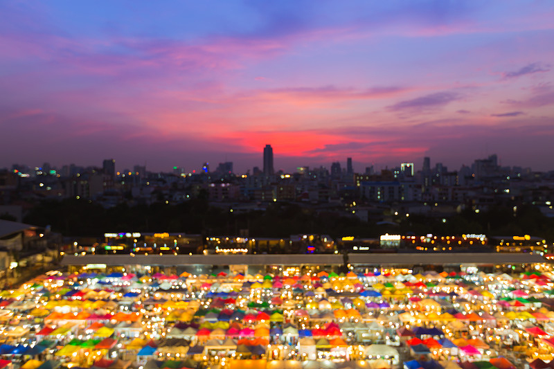 抽象模糊散景灯光鸟瞰夜市