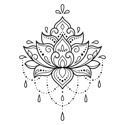 莲花曼海蒂花图案为指甲花绘图和纹身。装饰有东方、印度风格。涂鸦装饰。轮廓手绘矢量插图。