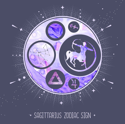 现代魔术魔术卡与射手星座星座。酒精墨水背景。星座的特点