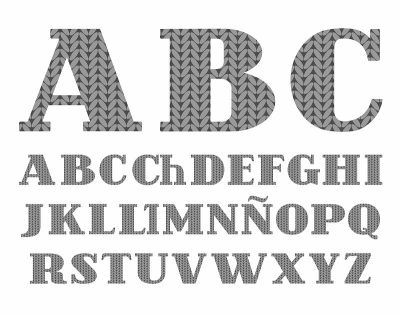 针织字体，灰色，西班牙字母，矢量。