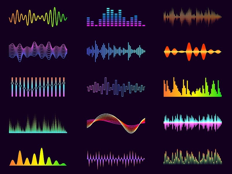 颜色声波。霓虹灯音频频率。电子音乐图形元素。数字均衡器图或声谱可视化。抽象的图。矢量音轨波形设置