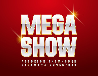 矢量娱乐传单Mega Show。白色和金色字母和数字集