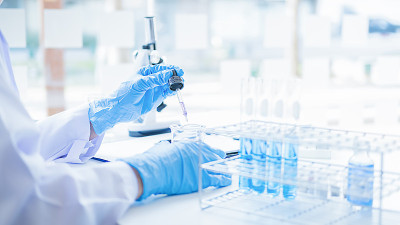 在实验室里观察透明溶液的试管的医学或科学研究者或男医生