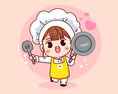 可爱的厨师女孩微笑在制服拿着平底锅和抹刀卡通艺术插图标志