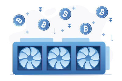 巨大的图形卡吸引了比特币。矿业Cryptocurrency。比特币矿场，概念旗帜。分布式计算。