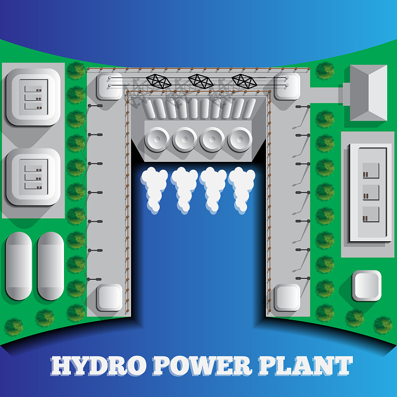 蓝色背景上的水电站。