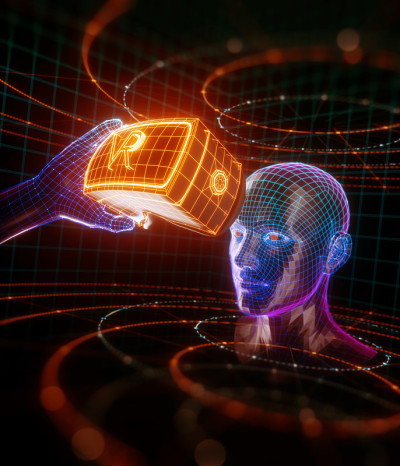 手持虚拟现实眼镜的虚拟人的3D渲染与霓虹灯橙色线和点的虚拟数据包围。玩家开始VR游戏。虚拟现实的体验