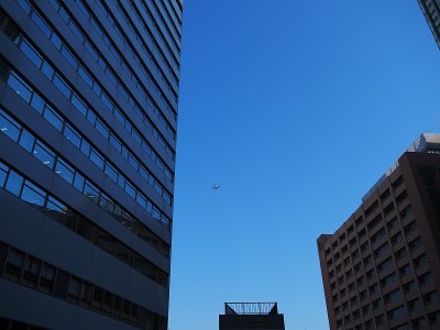 在大楼上空低空飞行的客机