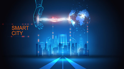 带有智能城市元素的建筑矢量插图。科学，未来，网络，网络概念，通信，高科技。每股收益10。