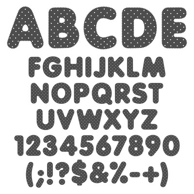 波纹的字母，字母，数字和带圆点的符号。孤立的向量黑白物体的集合。