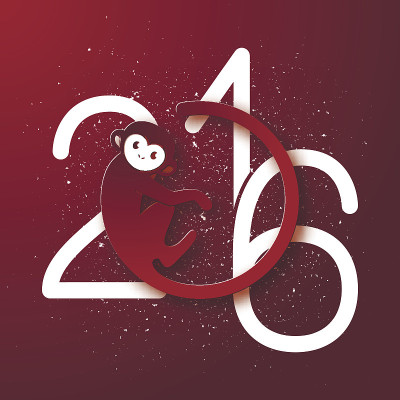 可爱的新年明信片，红色背景上有猴子的象征