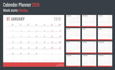2019年日历周一开始，矢量日历设计2019年