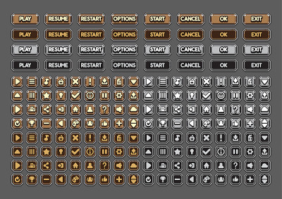Cartoony castle buttons for creating video games. 