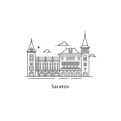 萨拉托夫图标孤立的白色背景。萨拉托夫的地标线矢量插图。俄罗斯城市旅游概念。