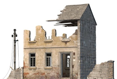废墟建筑孤立的白色3D插图