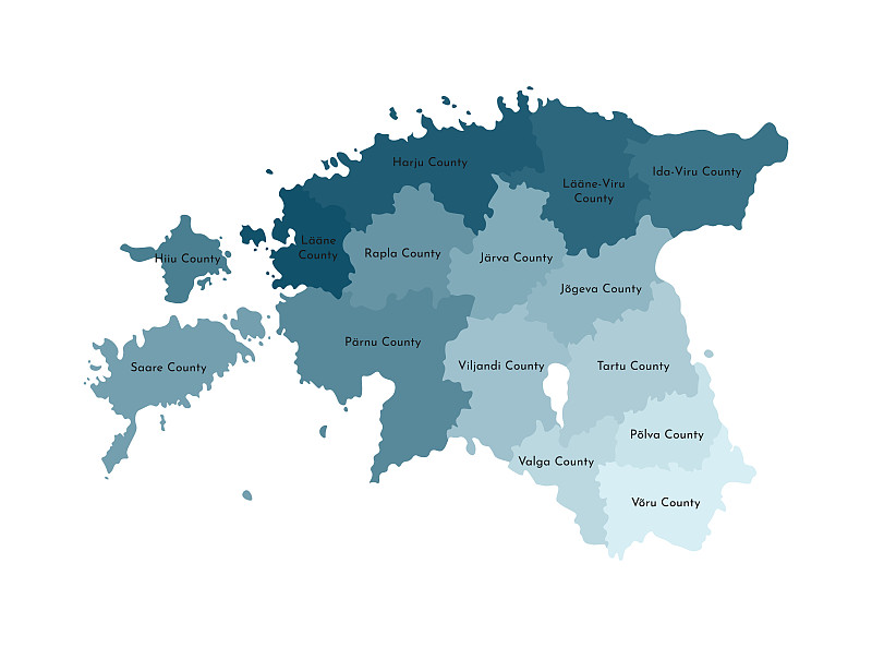 爱沙尼亚简化行政地图矢量孤立插图。地区的边界和名称。五颜六色的蓝色卡其色轮廓