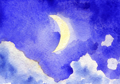 水彩素描美丽的夜空与月亮