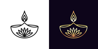 轮廓diya图标与可编辑的笔触。线形金色灯盏以火和荷花为底，雕花