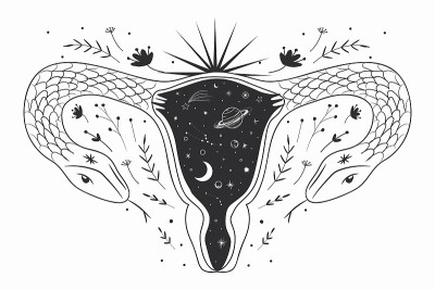 阴道的抽象图像。外太空，行星，月亮和恒星。诱蛇剂和草本植物。在织物和纸张上印刷。激进的femenis
