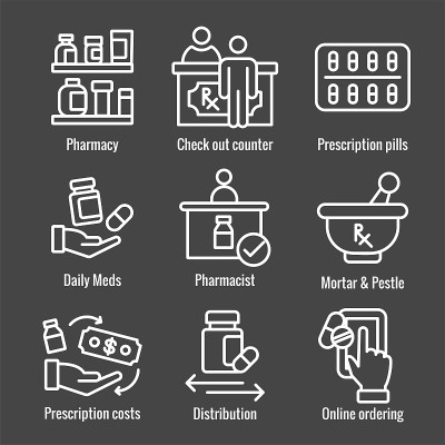 Pharmaceuticals and medication icon set with morta