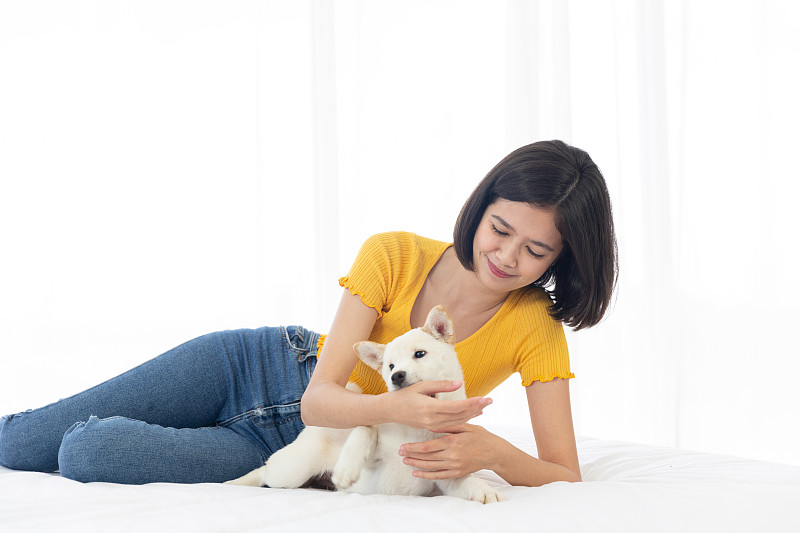 在白色的卧室里，一个女孩抱着一只北海道犬或柴犬。