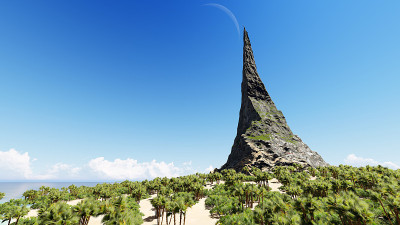 山顶上的一个热带岛屿海上的岩石山3D渲染