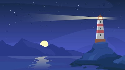 晚上灯塔。有横波束的海上信标位于多岩石海岸。海滨卡通导航灯塔，星空和海洋矢量景观