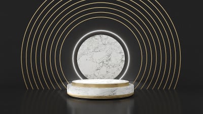 白色大理石底座上黑色挡板与霓虹灯金色圆形框架