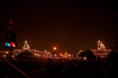 共和国日庆典，Rashtrapati Bhavan，照明，德里，印度