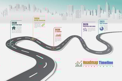 设计了带有指针的业务路线图时间线信息图模板