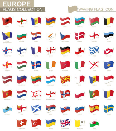 挥舞旗帜图标，欧洲国家的旗帜按字母顺序排列。
