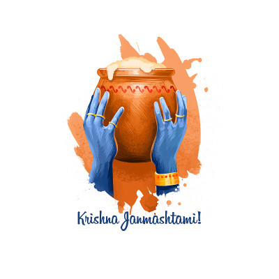 Krishna Janmashtami数字艺术插画。印度一年一度的印度教节日。奎师那诞辰节日贺卡，海