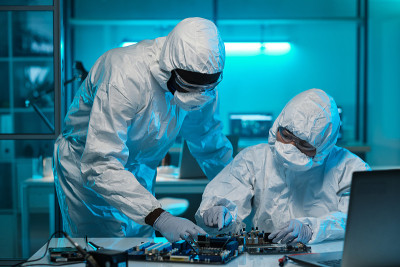 两个穿着防护工作服的当代实验室工作人员