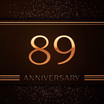 现实的89周年庆祝标志。金色的数字和金色的五彩纸屑在棕色的背景上。彩色矢量模板元素为您的生日派对