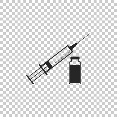 医用注射器，针和小瓶图标隔离在透明的背景上。接种疫苗、注射的概念。平面设计。矢量图