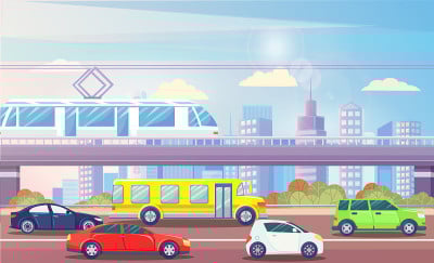 城市景观与运输汽车和火车城市城市