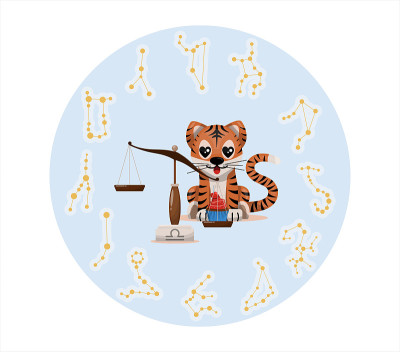 虎崽与天秤座生肖图标星象符号矢量卡通插图占星图和东方新年。