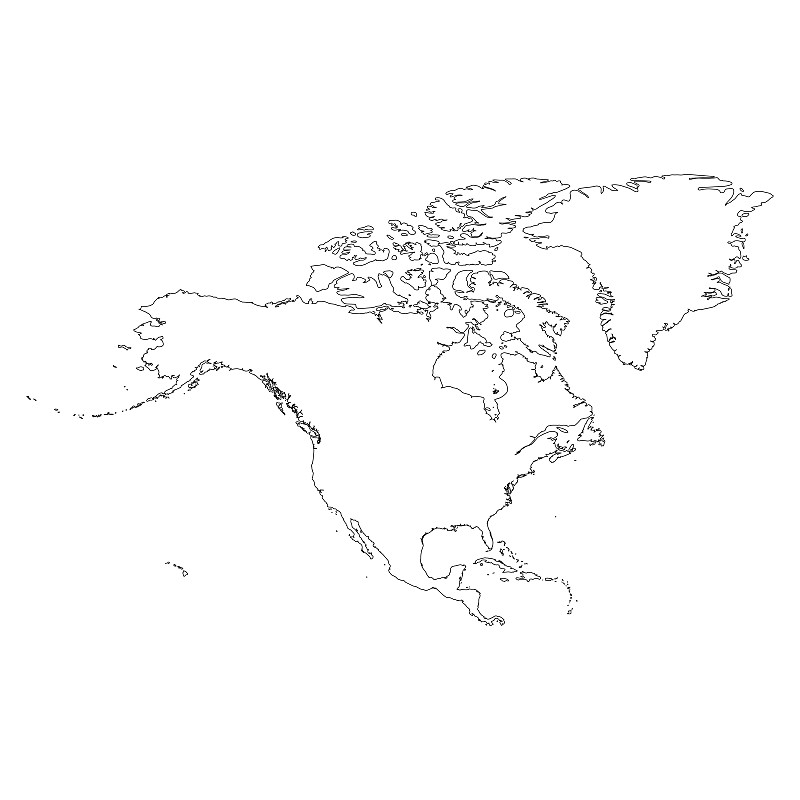 北美薄黑色轮廓图。大陆等高线地图。简单的平面矢量图