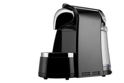 new modern black capsule coffee machine, on white 